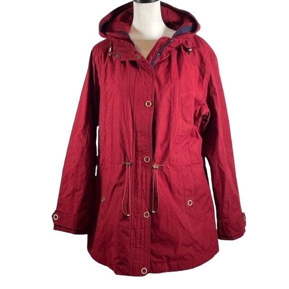 Giacca Maroon Hooded Full Zip Up Button Down Drawstrings Long Sleeve Jacket XL - Picture 1 of 9